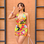 Printed Deep V-neck Sleeveless Halterneck Dress