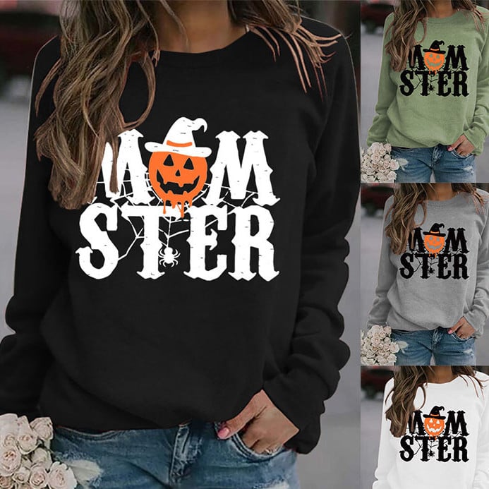 MOM STER Printed Round Neck Loose Long Sleeve Sweater