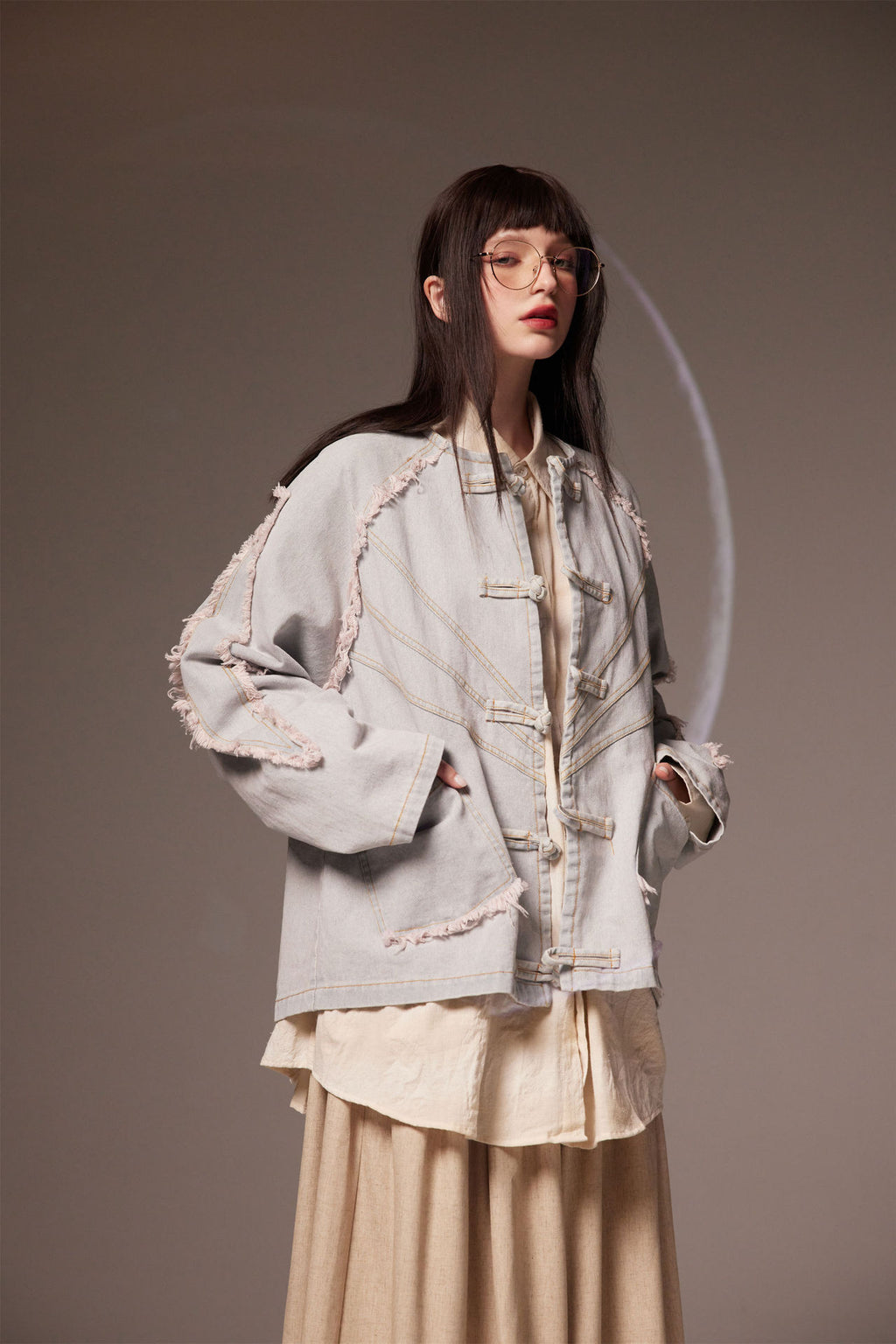 Vintage Chinese Style Denim Jacket in Washed Blue