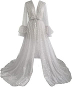 "Long Wedding Robe for Brides with Sheer Lingerie"
