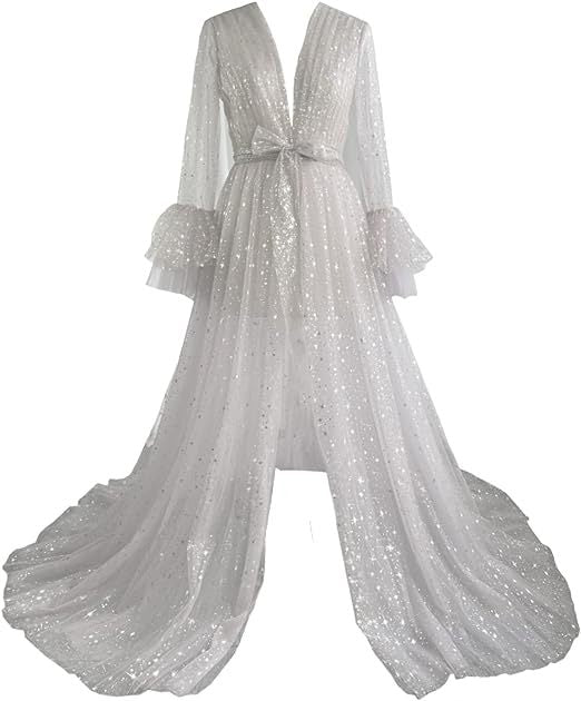 "Long Wedding Robe for Brides with Sheer Lingerie"