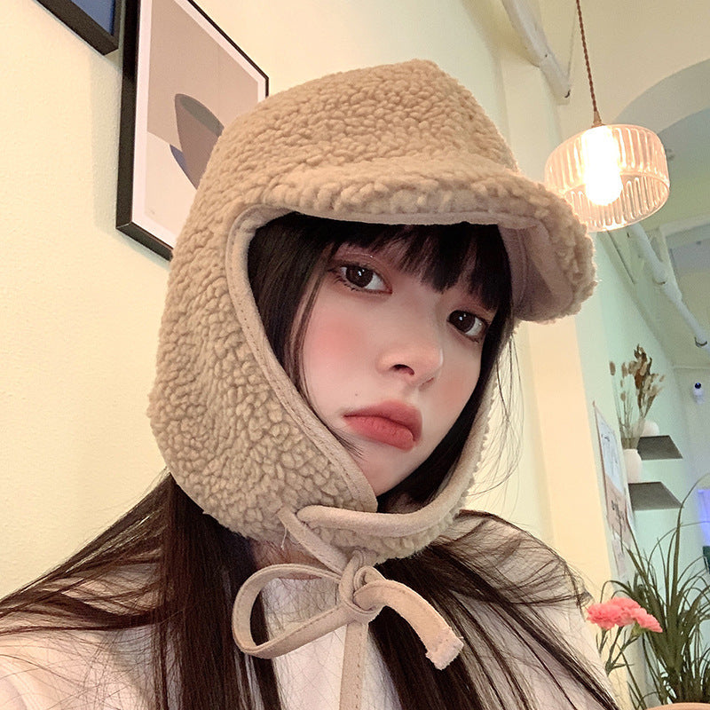 Thickened Lamb Wool Earmuffs Hat with Fleece Lining | Embroidered Cap