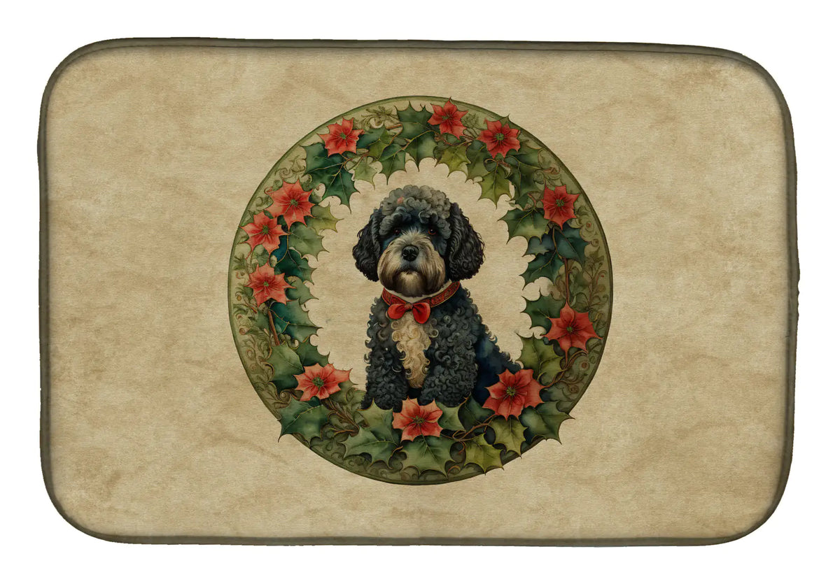 Portuguese Water Dog Christmas Flowers Dish Drying Mat