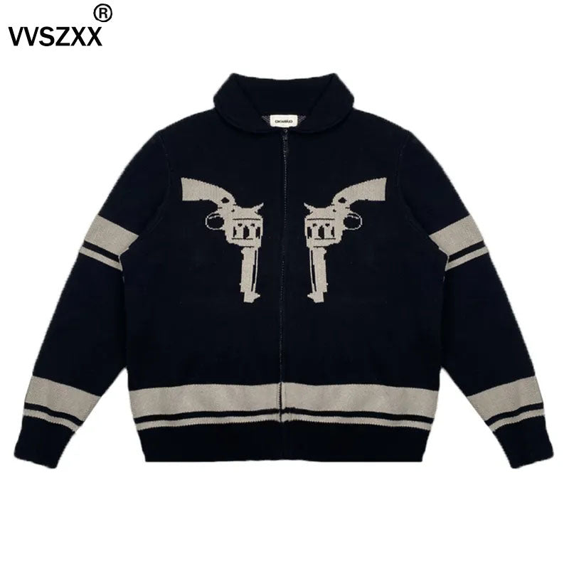 Vintage Printed Zipper Cardigan Sweater for Men