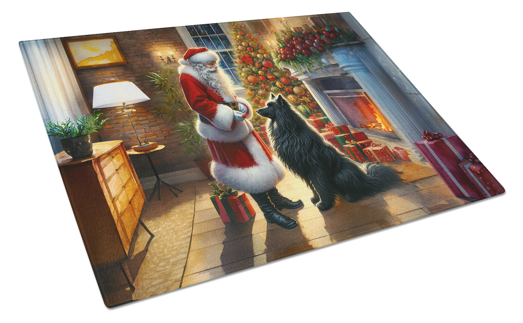 Belgian Sheepdog and Santa Claus Glass Cutting Board