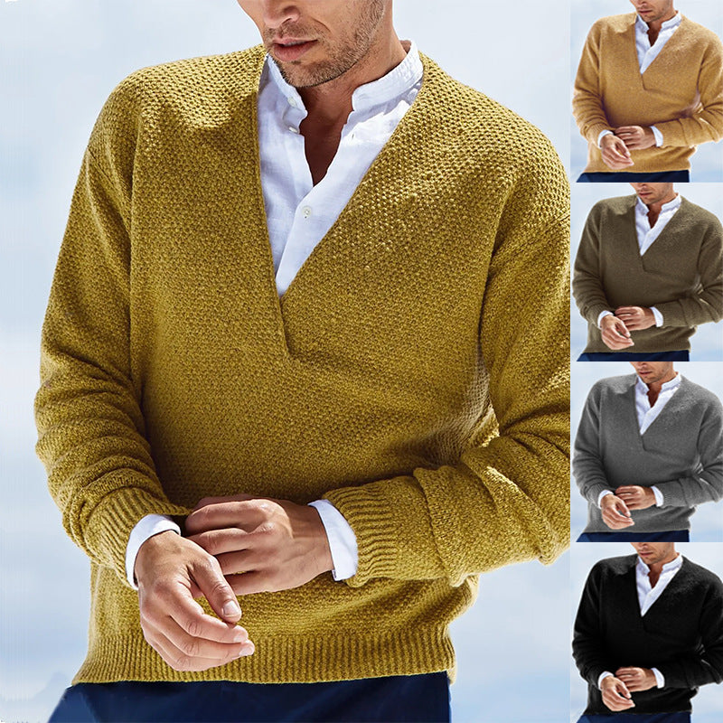 Men's Solid Color Long-sleeved V-neck Sweater