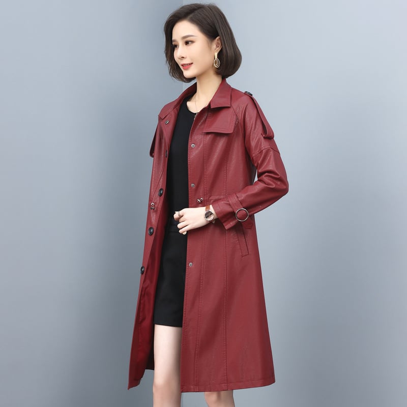 Women's Leather Trench Coat with Drawstring and Collar