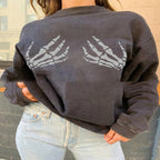Loose Fit White Bone Hand Print Women's Sweater