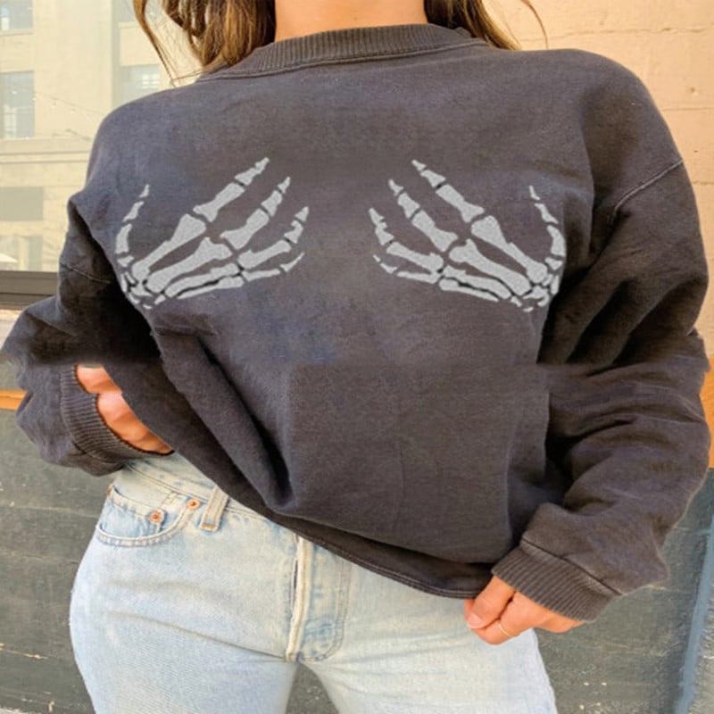 Loose Fit White Bone Hand Print Women's Sweater