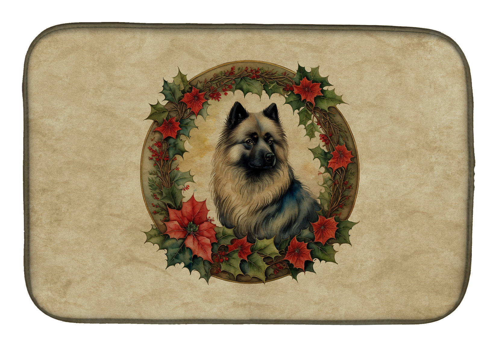 Keeshond Christmas Flowers Dish Drying Mat
