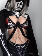 2022 Black Women's Punk Hooded Skull Crop Top Sweatshirt | Streetwear