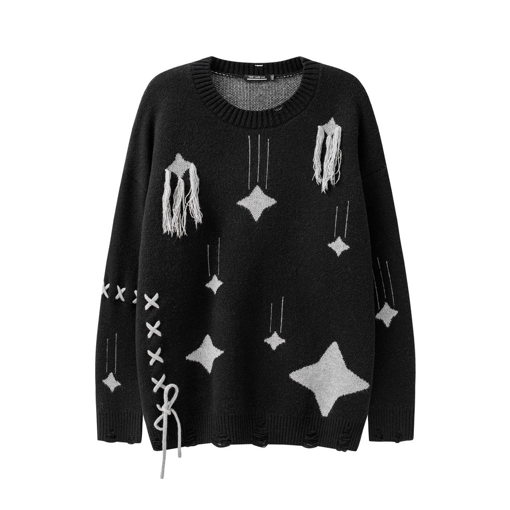 Lace Knit Loose Round Neck Ripped Sweater