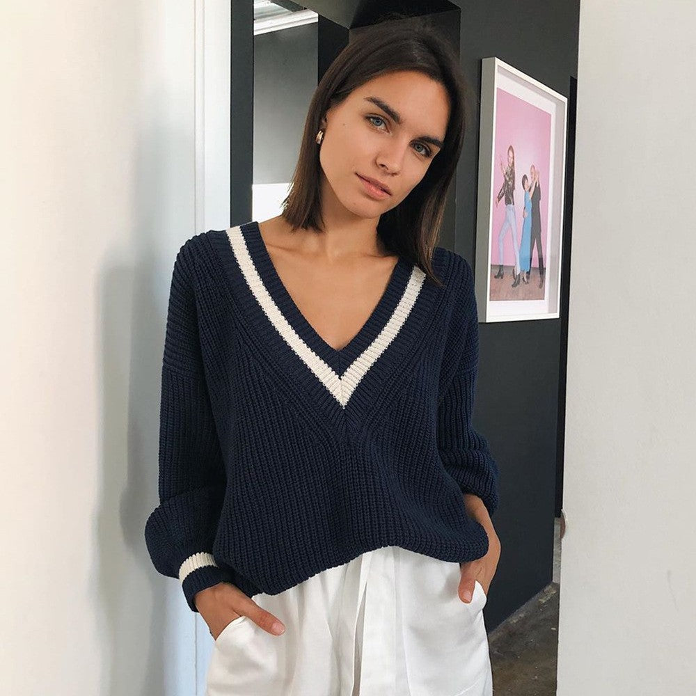 Casual Contrast Color Stitching Women's Sweater