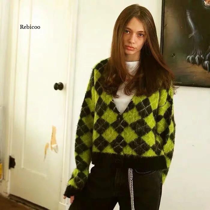 Oversized Fluffy Green Plaid Cardigan for Women