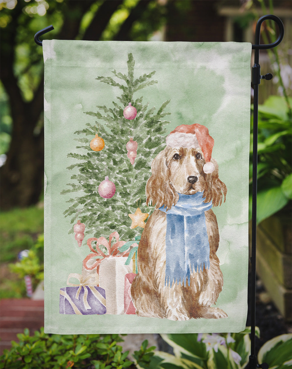 Cocker Spaniel English Tan Christmas Presents and Tree Garden Flag