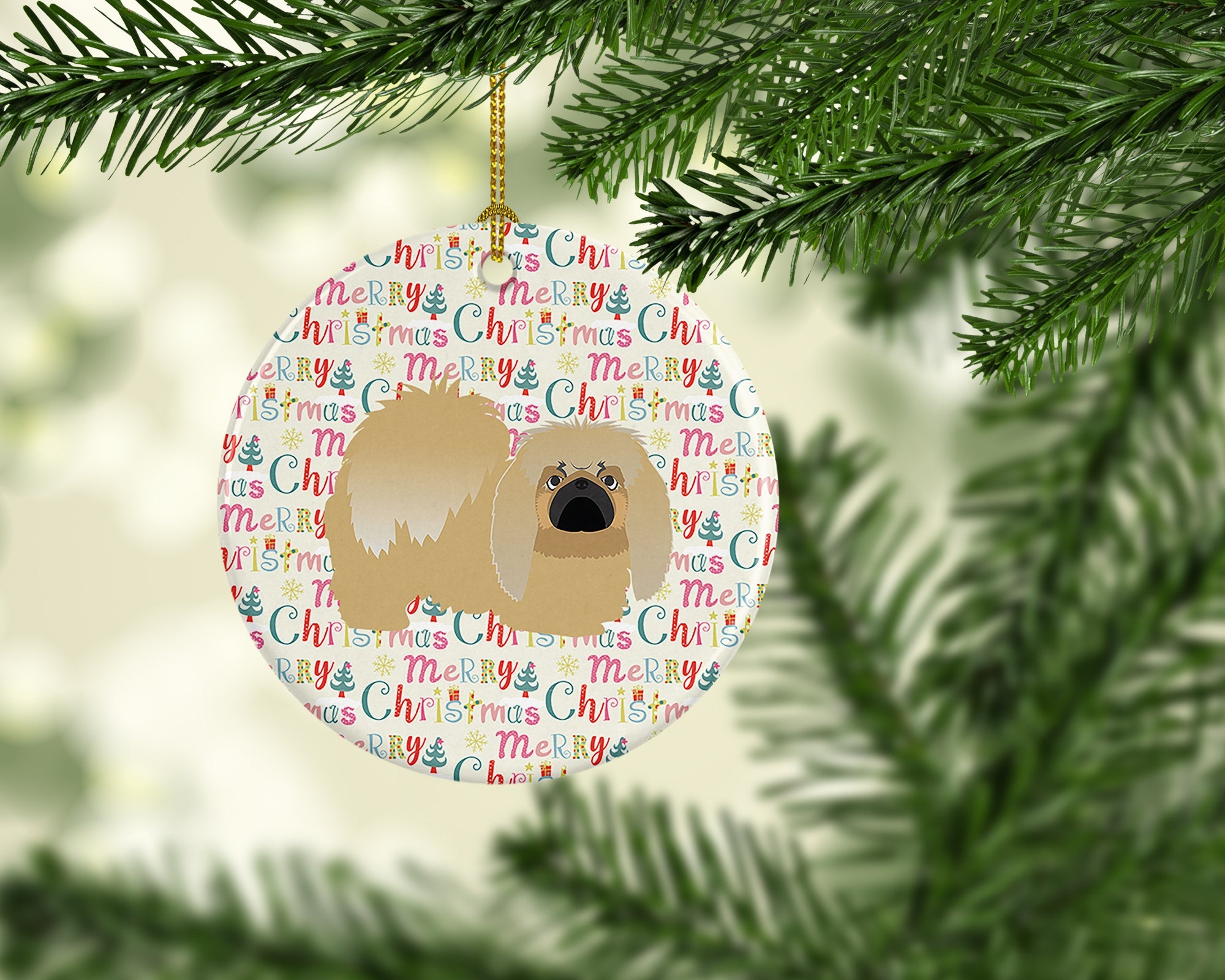 Pekingese Merry Christmas Ceramic Ornament