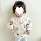 Children's Flower Embroidered Lotus Collar Cardigan