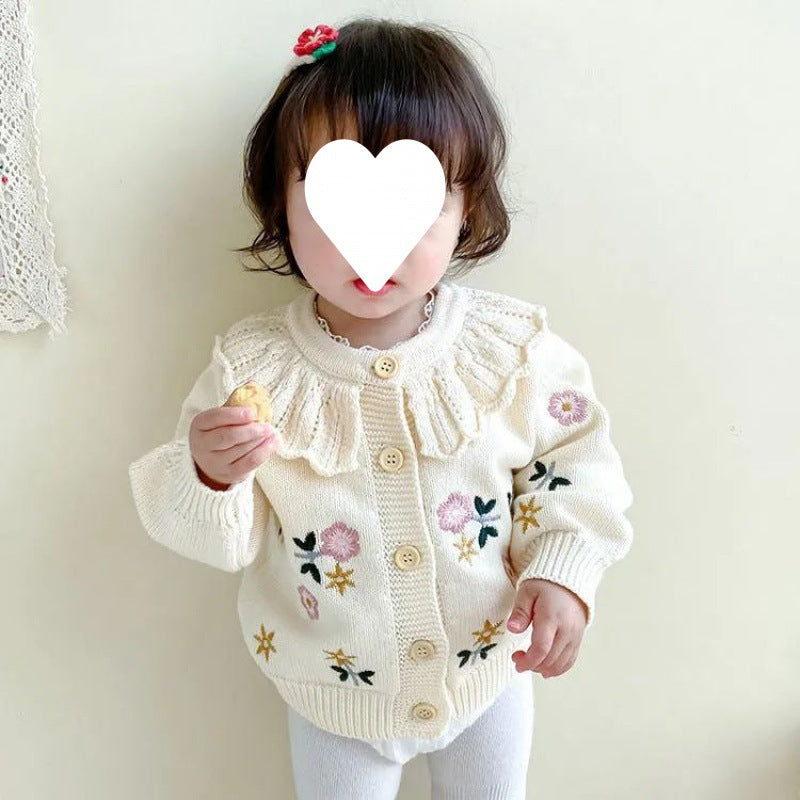Children's Flower Embroidered Lotus Collar Cardigan