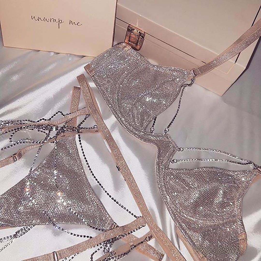 Fashionable Lace Bralette Set with Rhinestones (3 Pieces)