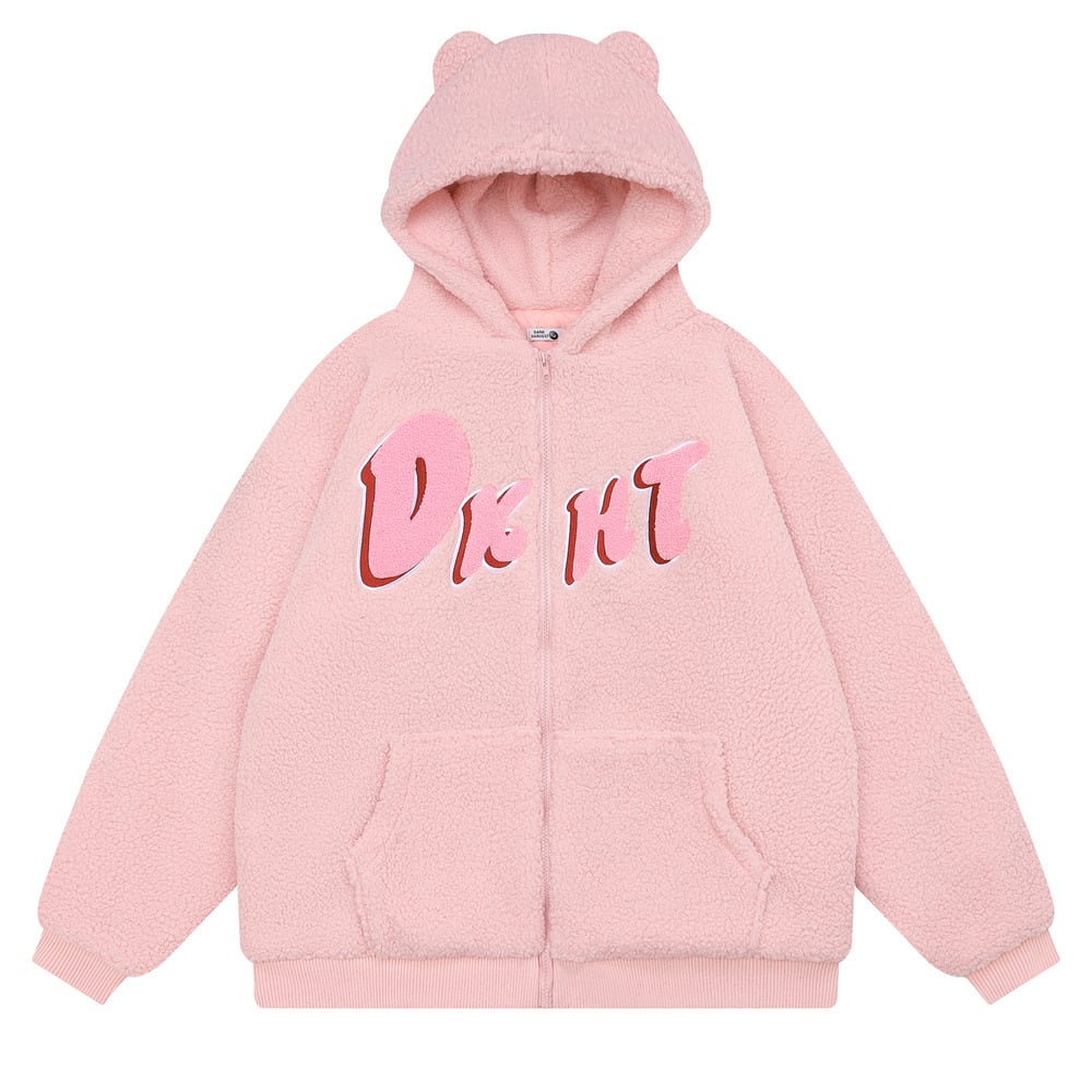 Embroidered Teddy Bear Ear Hooded Wool Coat
