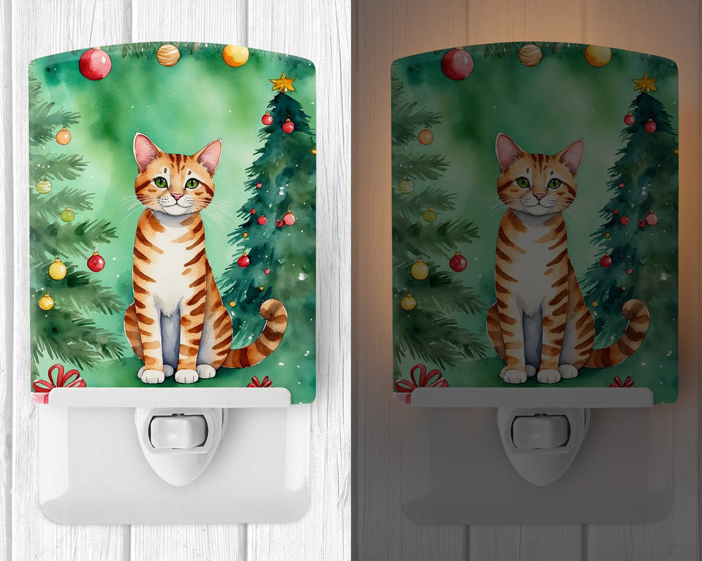 Safari Cat By the Christmas Tree Ceramic Night Light