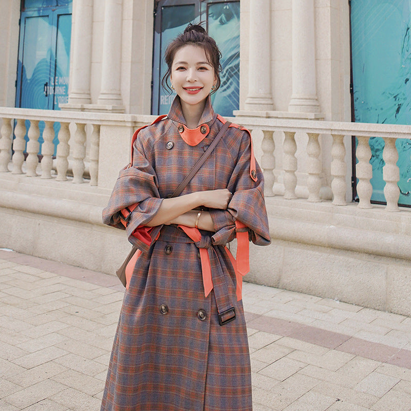Retro Hong Kong Style Plaid Over-the-Knee Trench Coat