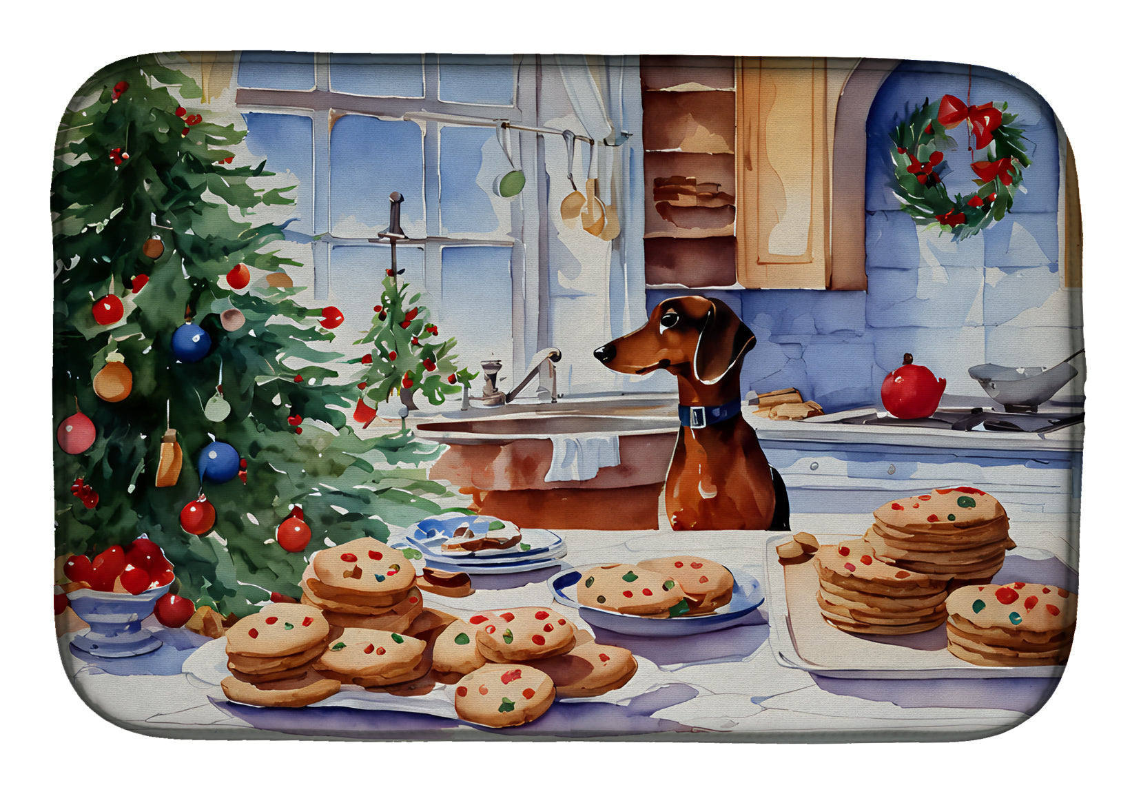 Dachshund Christmas Cookies Dish Drying Mat