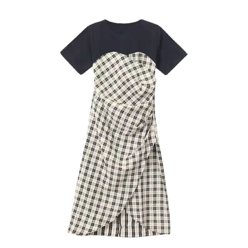Splicing Plaid Short Sleeve Summer Dress for Women