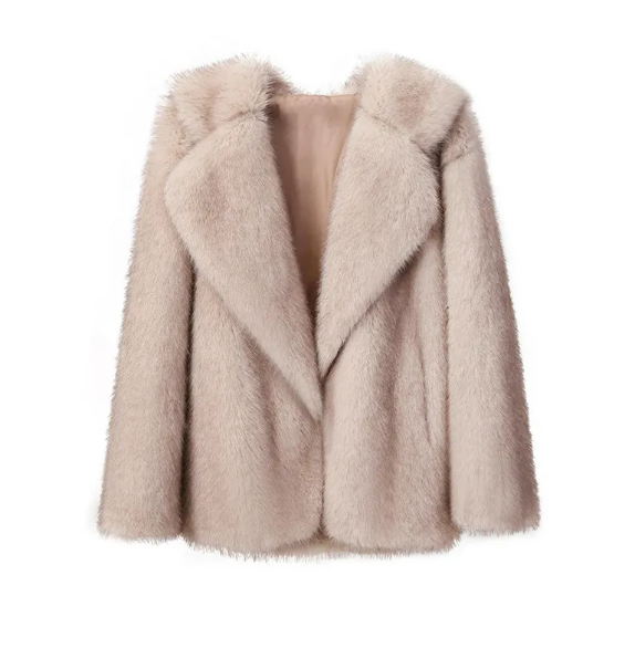 Women's Lapel Leather Fur Coat with Artificial Wool Lining