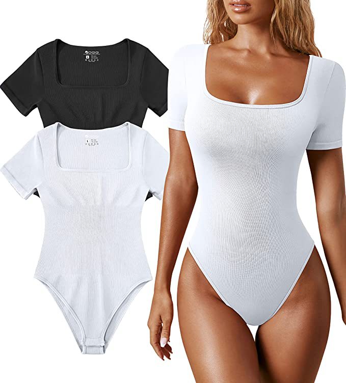 Summer Women's Ribbed Bodysuit with Square Neck