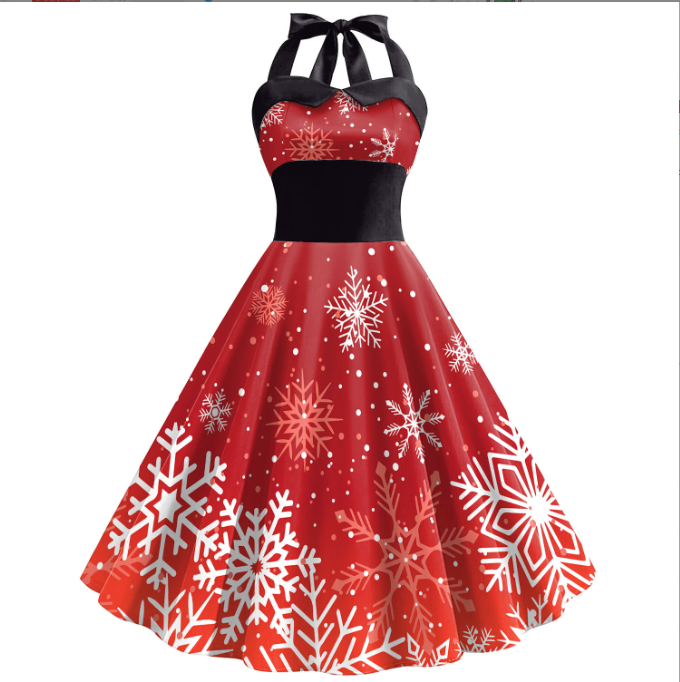 Women's High Waist Christmas Snowflake Print Dress