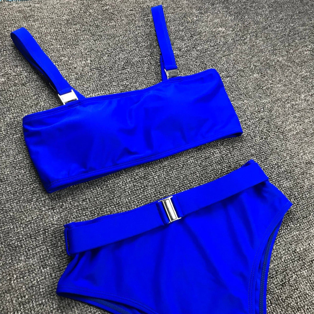 Royal Blue Bandeau High-Waist Two-Piece Swimsuit