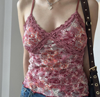 Mesh Plant Print Low-Cut Lace Tank Top for Women
