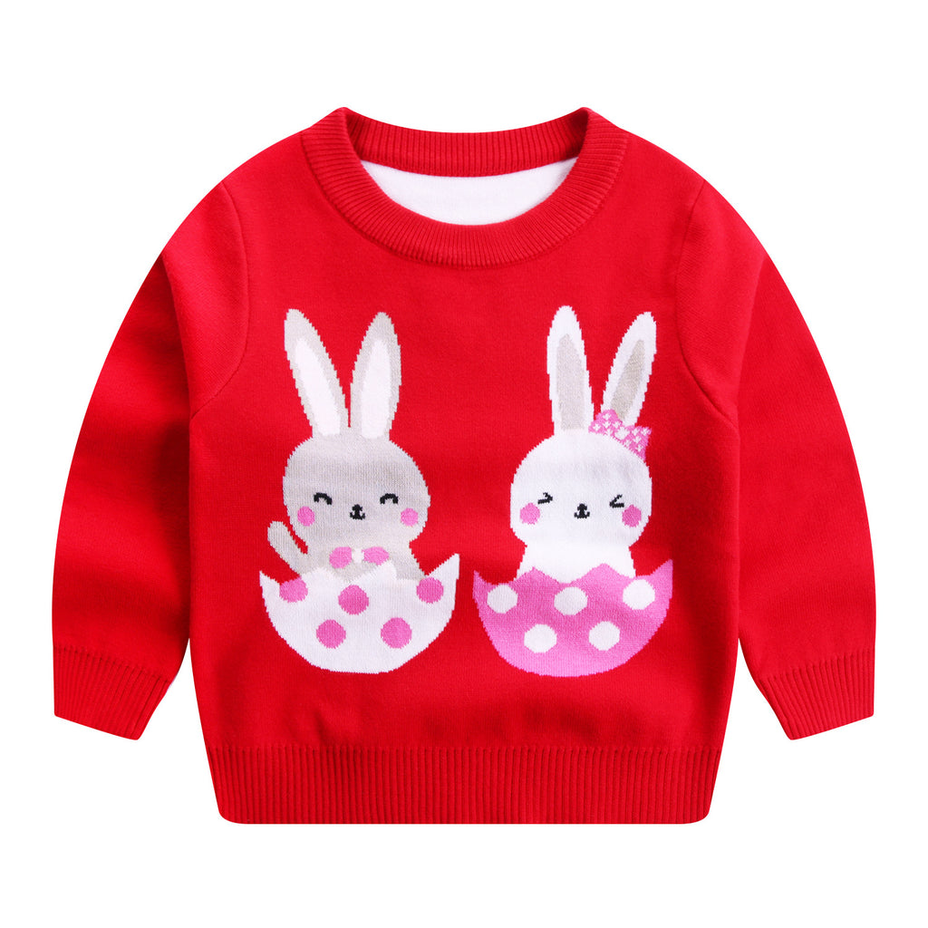 Girls' Cotton Double Layer Round Neck Sweater with Rabbits