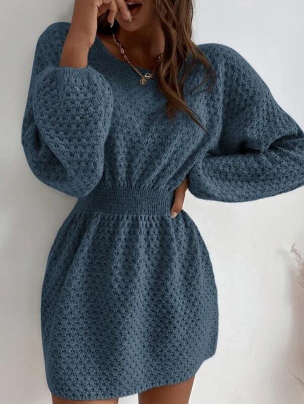 Long Sleeve Knit Dress with Waist Design (One Piece)