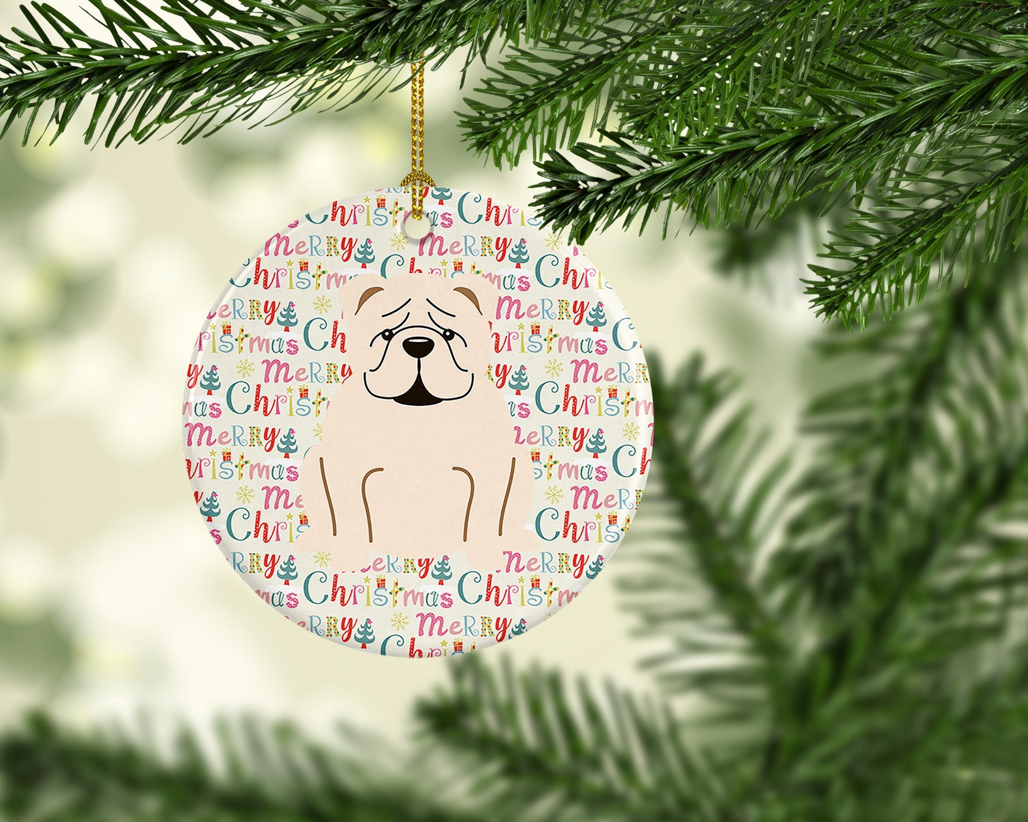 Merry Christmas English Bulldog White Ceramic Ornament