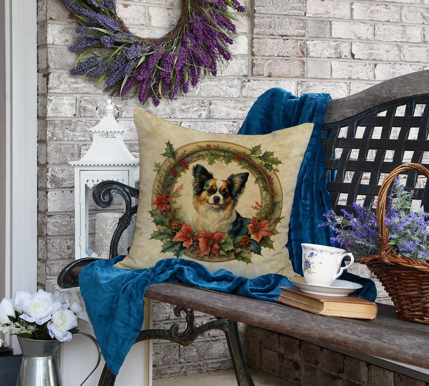Papillon Christmas Flowers Throw Pillow
