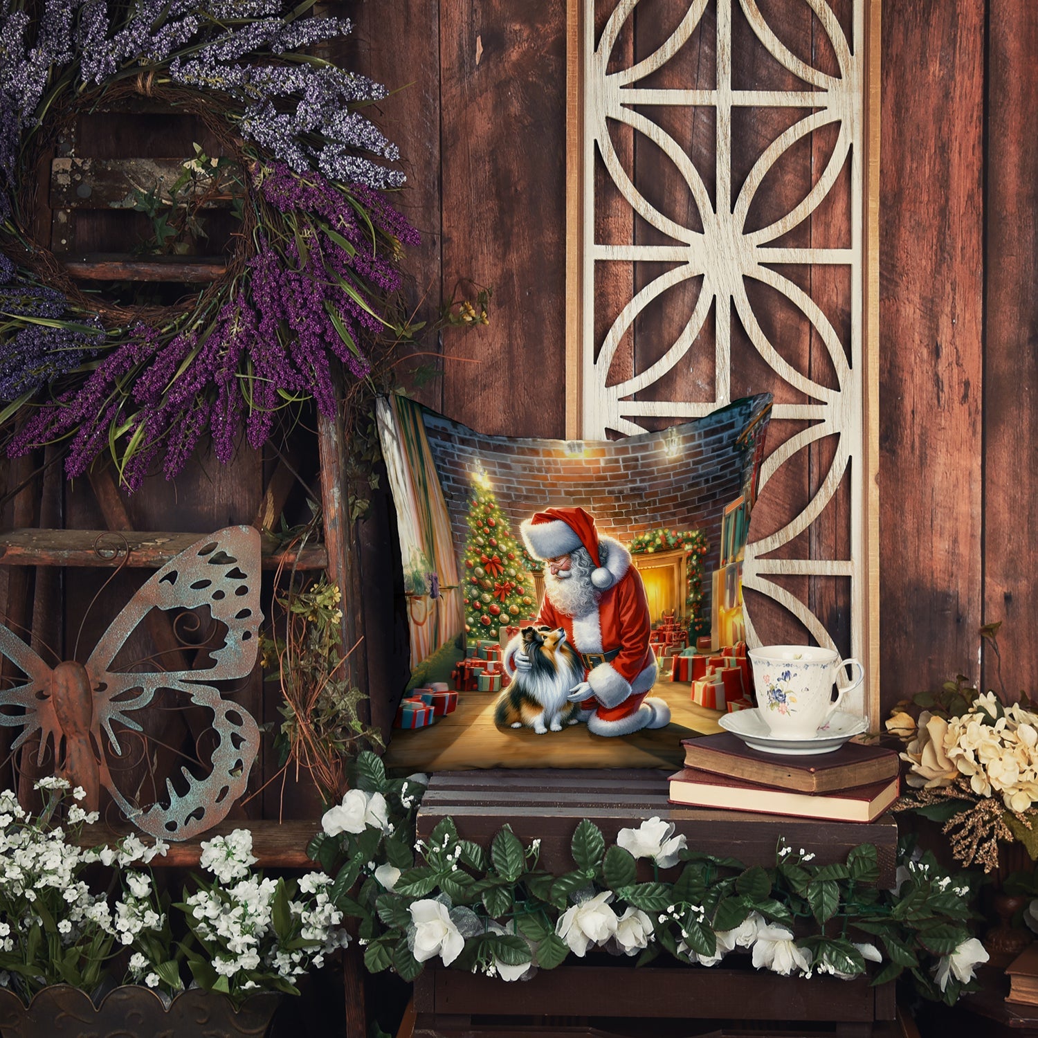Sheltie and Santa Claus Throw Pillow