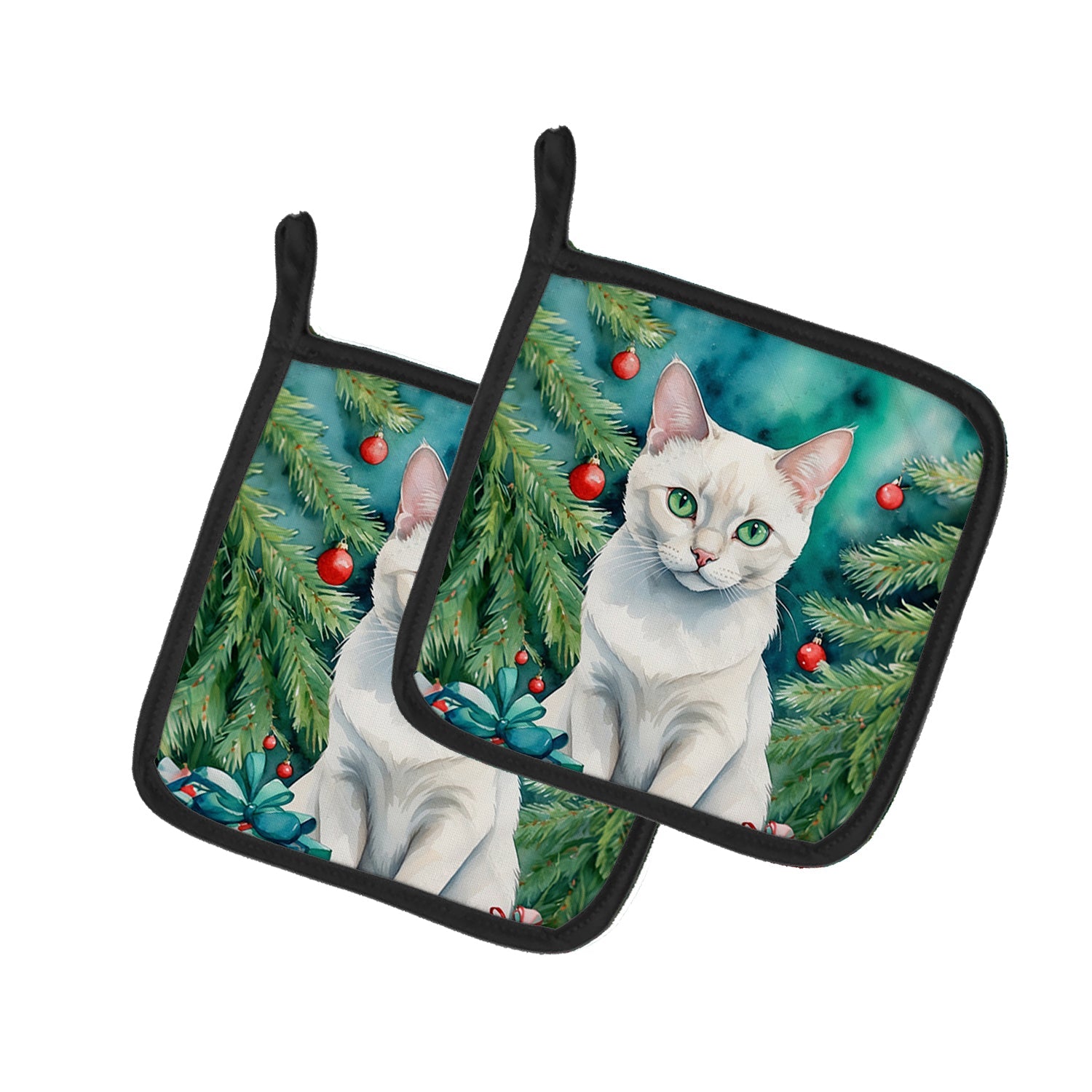 Foreign White Cat By the Christmas Tree Pair of Pot Holders