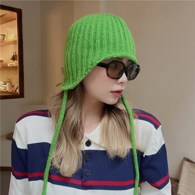 Knitted Wool Hat with Ear Protection in Green | Embroidered Cap