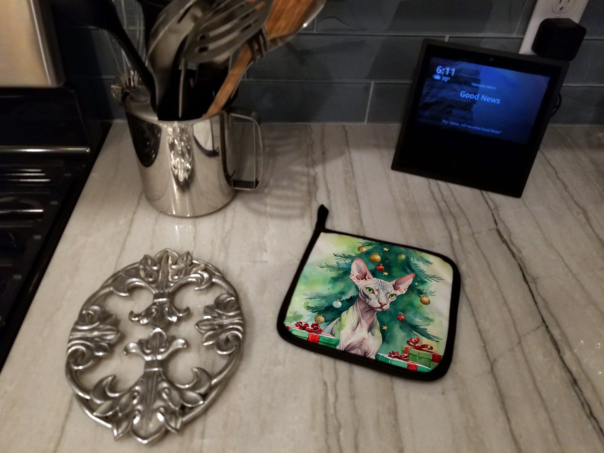 Donskoy Don Sphynx Cat By the Christmas Tree Pair of Pot Holders