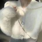 White Short Knit Cardigan with Fur Collar and Cuffs