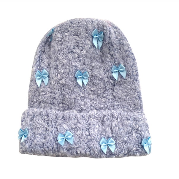 Rabbit Hair Bow Knitted Beanie Hat | Embroidered Cap