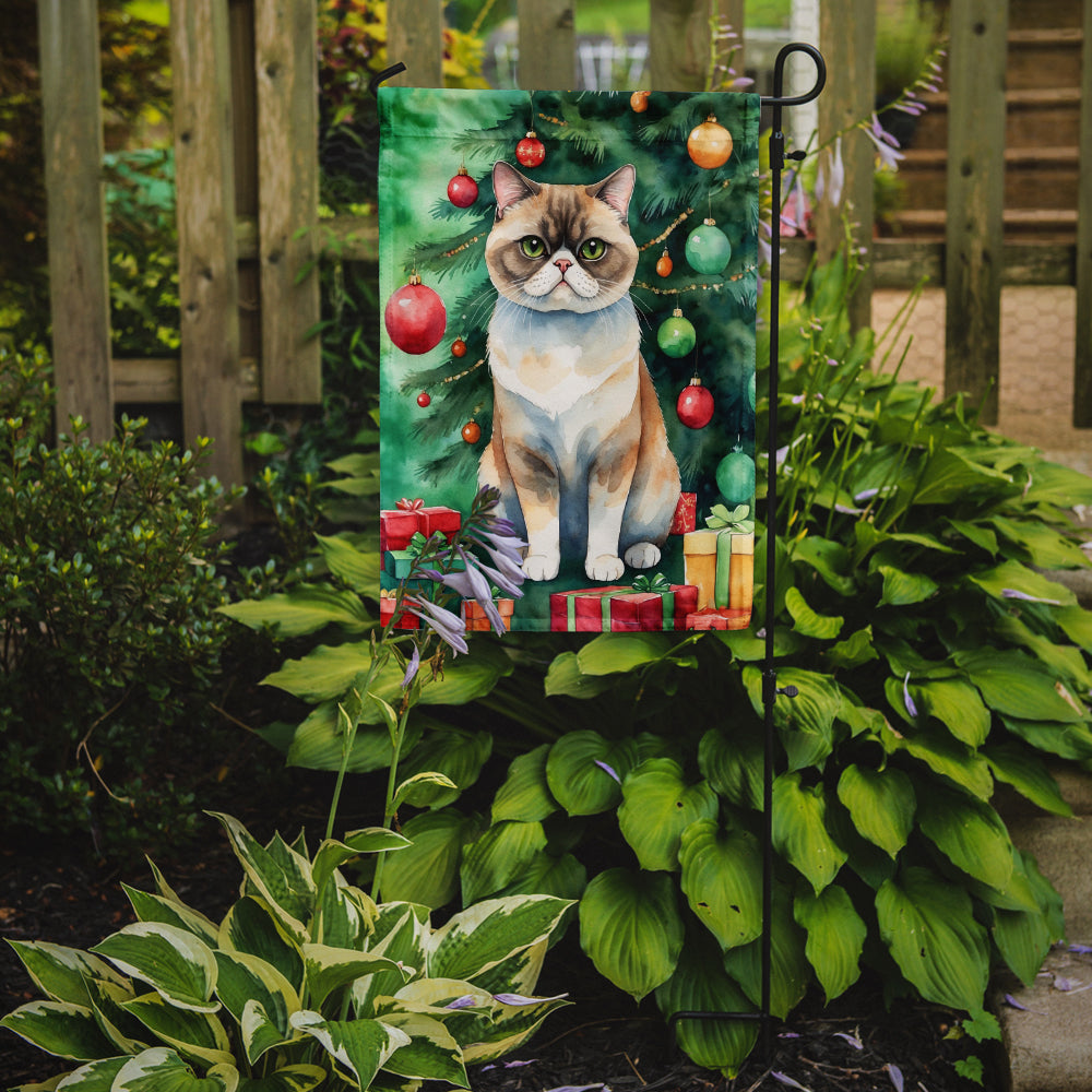 Exotic Shorthair Cat By the Christmas Tree Garden Flag