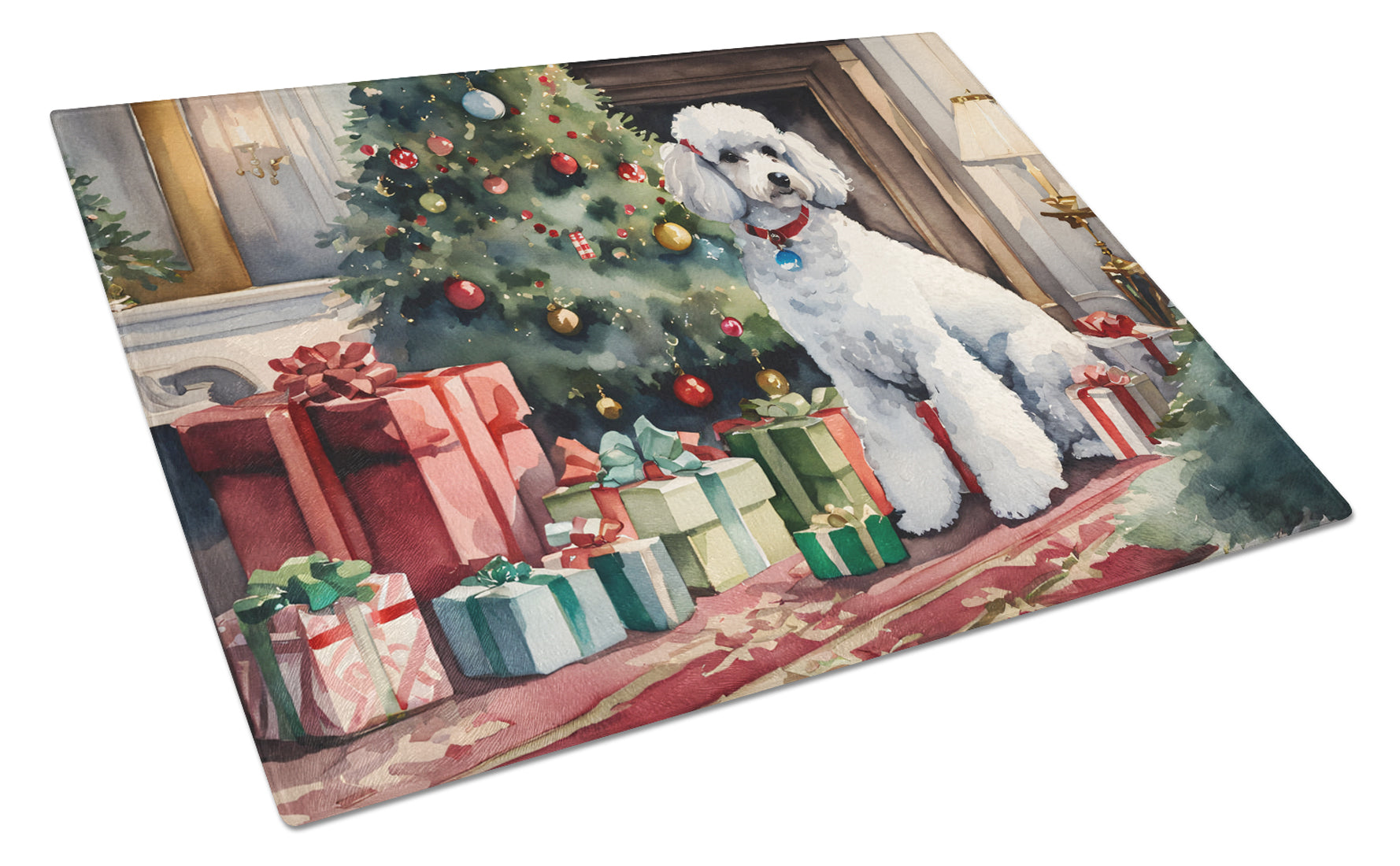 Poodle Cozy Christmas Glass Cutting Board