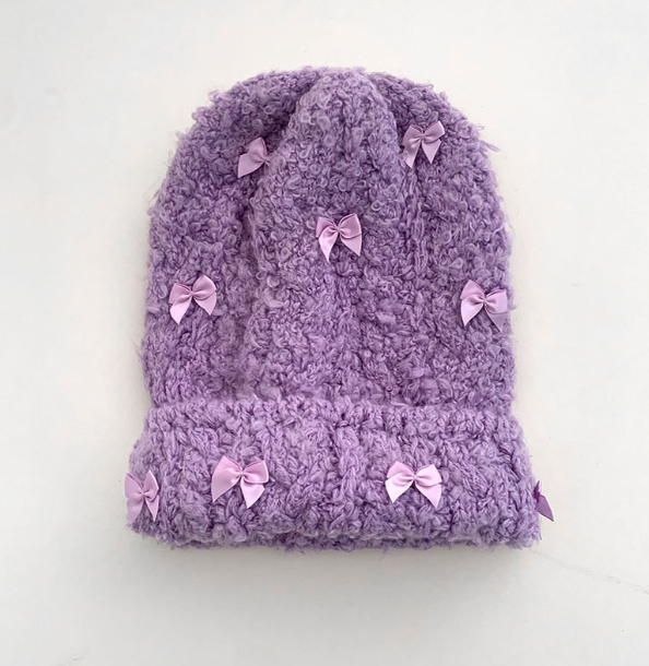 Rabbit Hair Bow Knitted Beanie Hat | Embroidered Cap