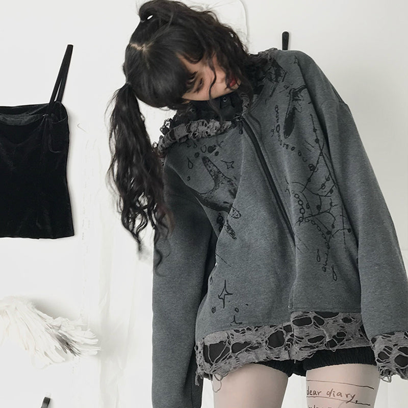 Original Dark Cat Ear Distressed Hoodie for Women