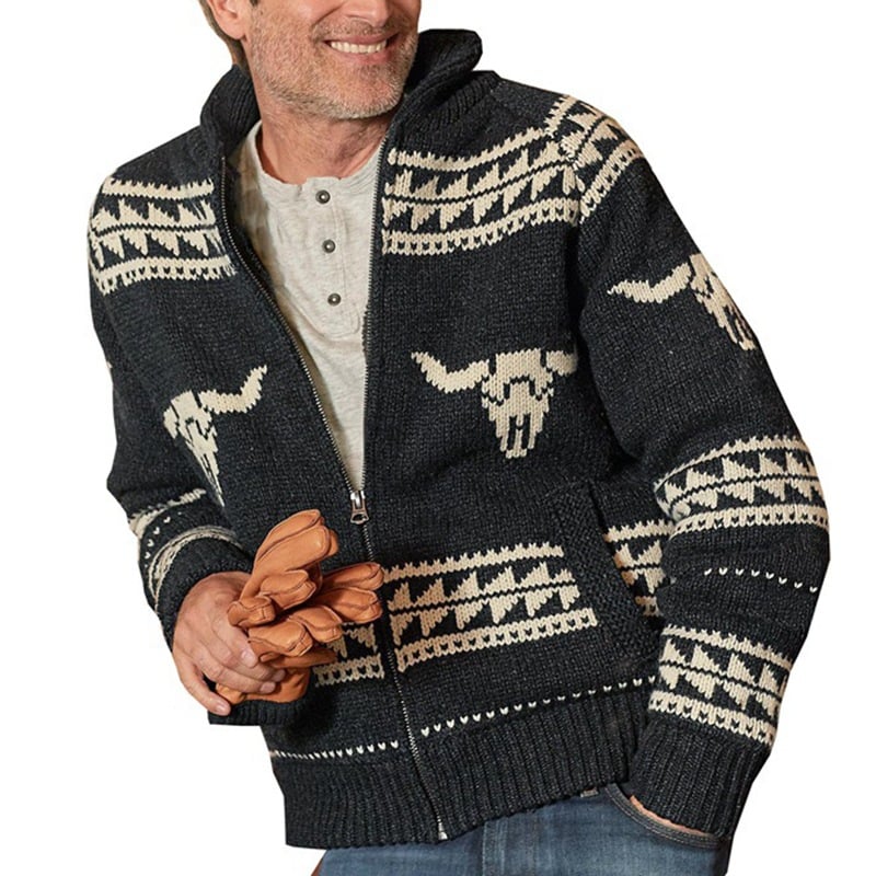 Men's Long-Sleeved Black Jacquard Sweater for Fall/Winter