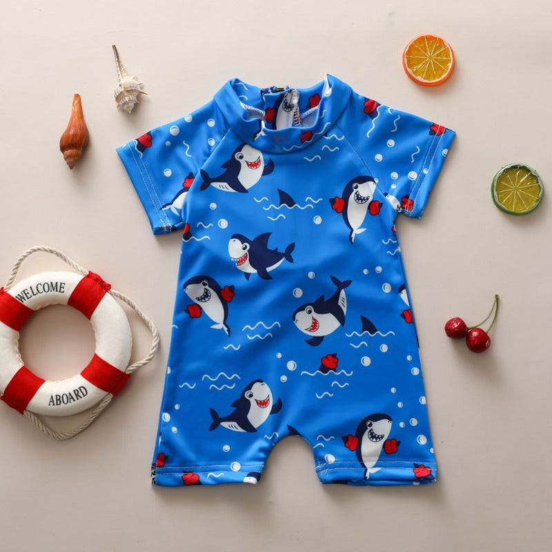 Baby Blue Ocean Shark Short Sleeve Swimsuit with Zipper