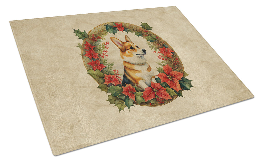 Corgi Christmas Flowers Glass Cutting Board